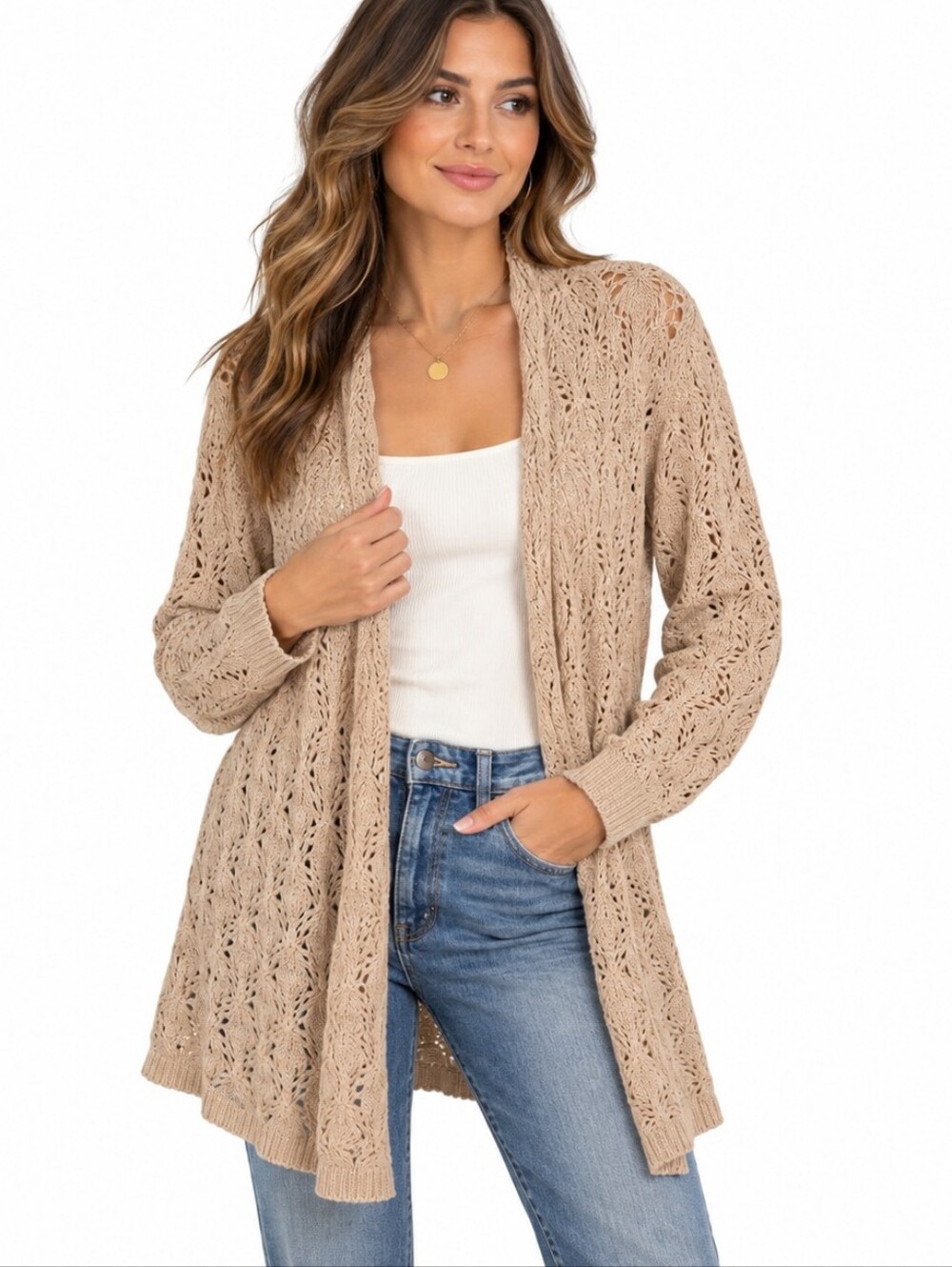 Leo & Nicole Beige Open Knit Long Cardigan XL